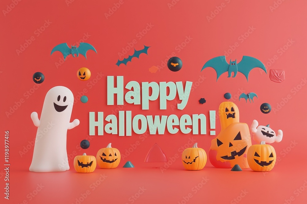 Naklejka premium A lively Halloween display features cheerful ghost figures and carved pumpkins against a vibrant background. Bats and spooky elements enhance the festive spirit.