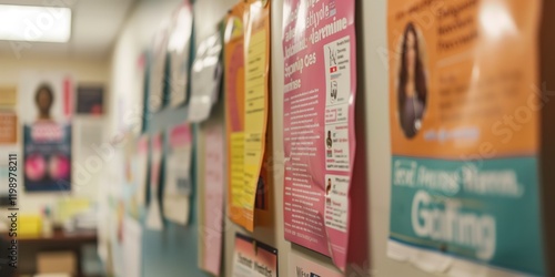 Colorful flyers and posters displayed on a bulletin board in a hallway, creating an organized and informative atmosphere for announcements and communication