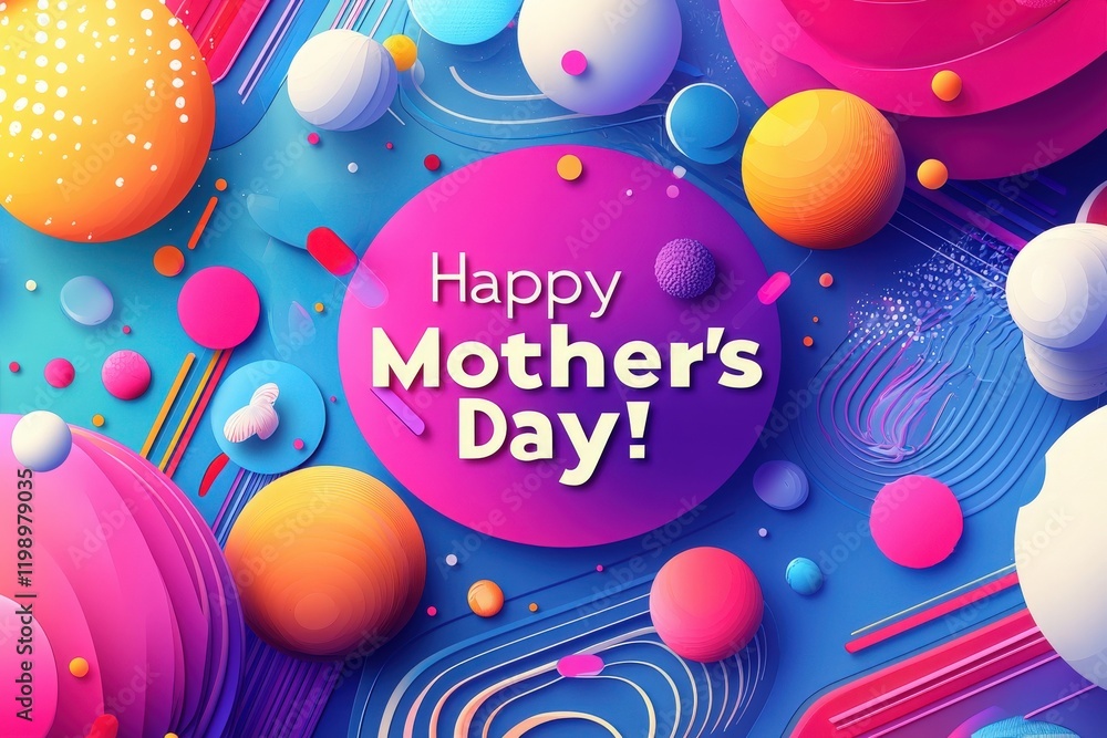 A bright and colorful design celebrating Mothers Day features abstract shapes, vibrant spheres, and cheerful colors. The festive greeting stands out with playful energy against a blue backdrop. A bright and colorful design celebrating Mothers Day features abstract shapes, vibrant spheres, and cheerful colors. The festive greeting stands out with playful energy against a blue backdrop.