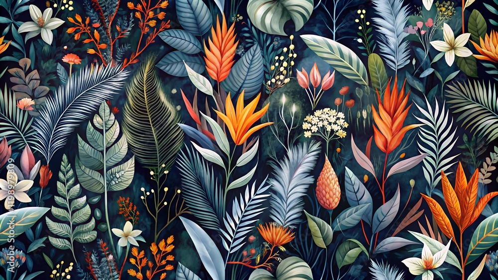 Fototapeta Lush Tropical Botanical Pattern with Rich Blues and Vibrant Accents for Luxurious Nature-Inspired Design