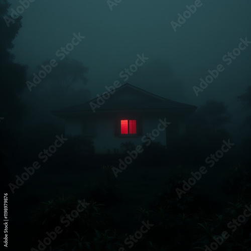 Eerie Red Window This striking image, featuring a house engulfed in shadows with a single, glowing red window, instantly evokes a sense of mystery and suspense. It's ideal for projects seeking a dark, photo