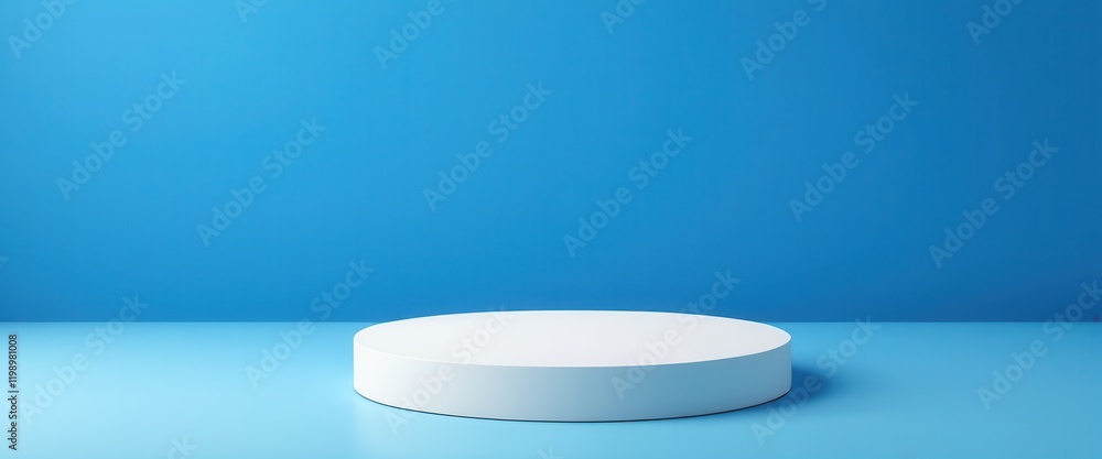 Minimalist blue background with white circular platform for product display Minimalist blue background with white circular platform for product display
