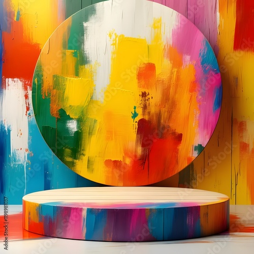 Vivid Brushstrokes A Cinematic Circular Wooden Podium with Abstract Colorful Patterns photo