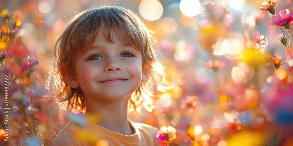 Fototapeta premium Joyful Child in a Colorful Flower Field