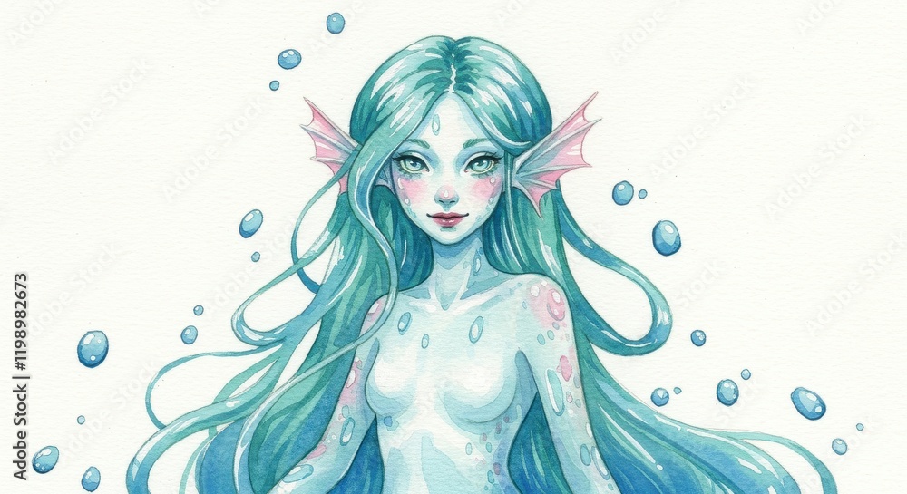 Enchanting watercolor mermaid with long hair and ocean bubbles Enchanting watercolor mermaid with long hair and ocean bubbles