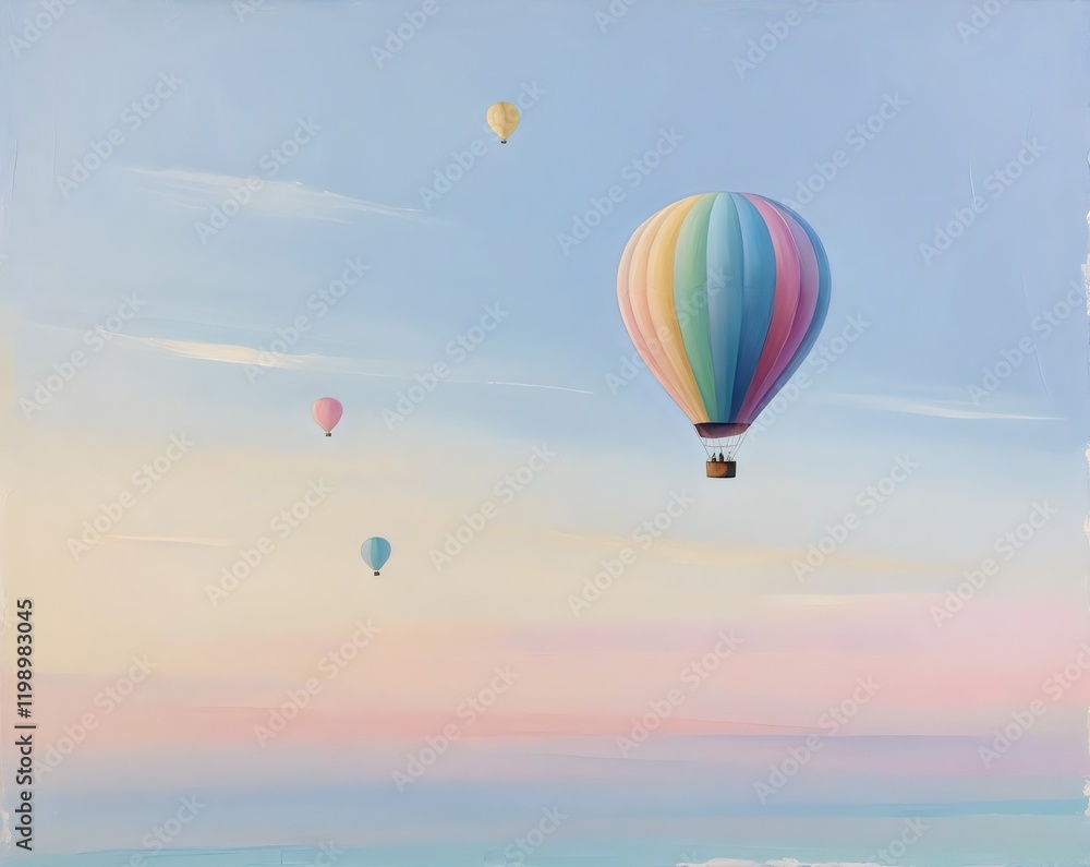 A pastel-colored hot air balloon floating gracefully in a soft pink and blue sky during a peaceful sunrise or sunset. A pastel-colored hot air balloon floating gracefully in a soft pink and blue sky during a peaceful sunrise or sunset.