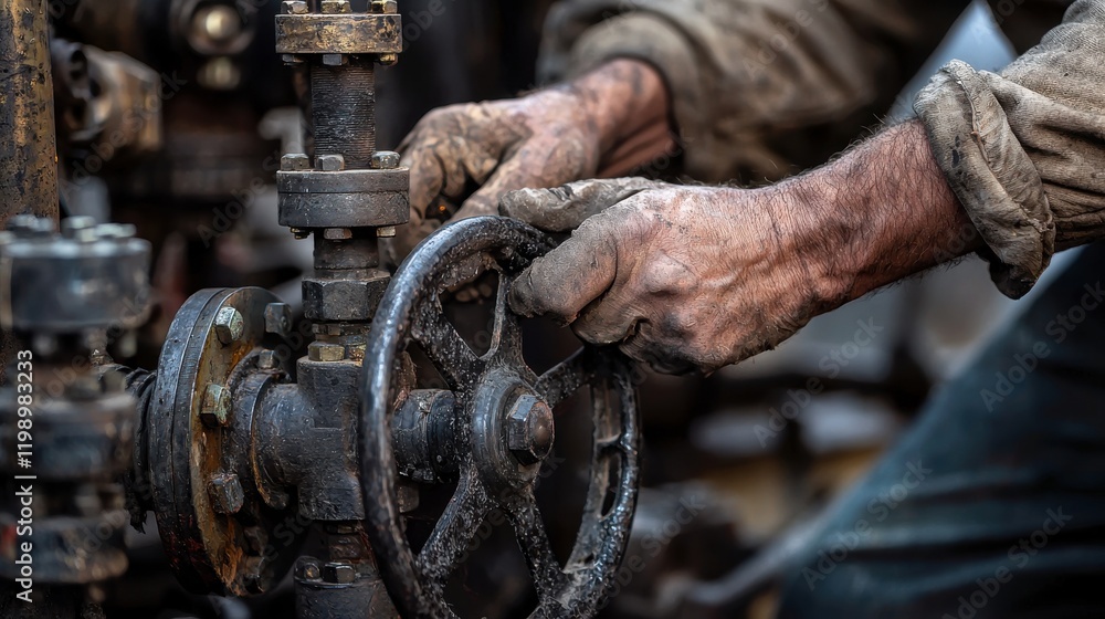 Close-up of dirty hands operating a circular valve on industrial machinery in a gritty workshop setting Close-up of dirty hands operating a circular valve on industrial machinery in a gritty workshop setting