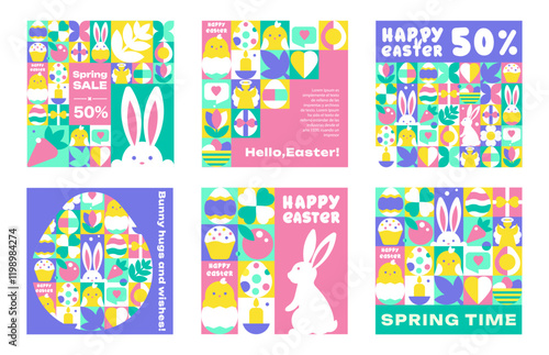 Set of Square Posters, Banner Templates with Happy Easter Patterns, Icons in Geometric Style photo