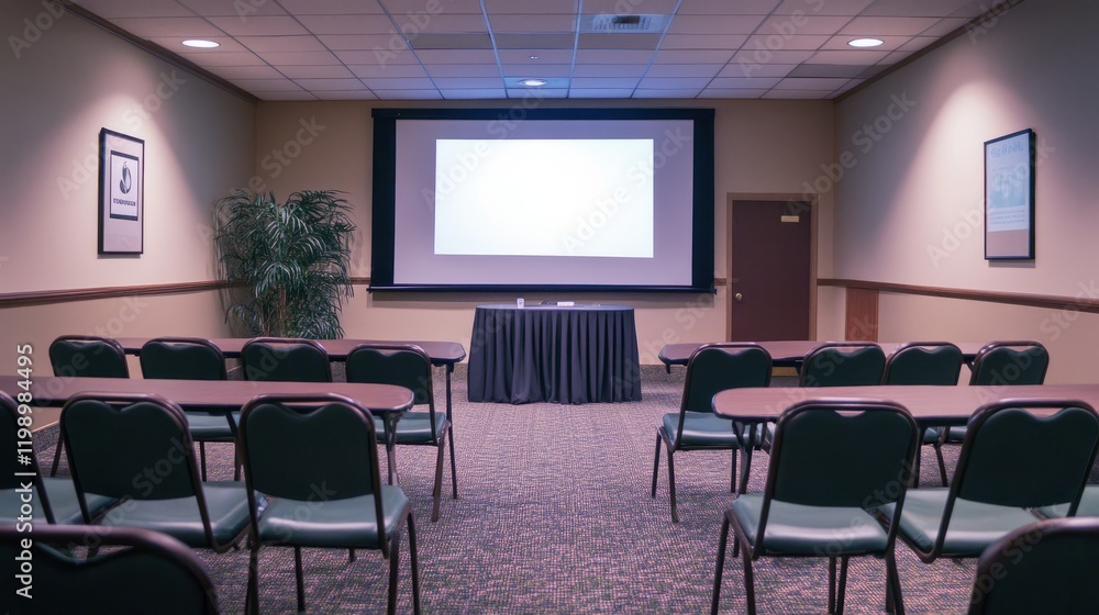 Spacious business conference room with a large screen, modern furniture, and a professional setup for events. Spacious business conference room with a large screen, modern furniture, and a professional setup for events.