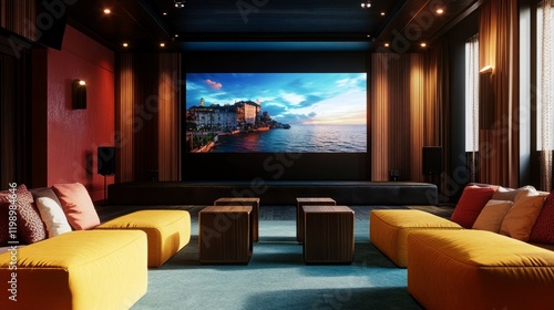 Spacious business event space with a large screen  ready for a conference  featuring stylish and comfortable seating.