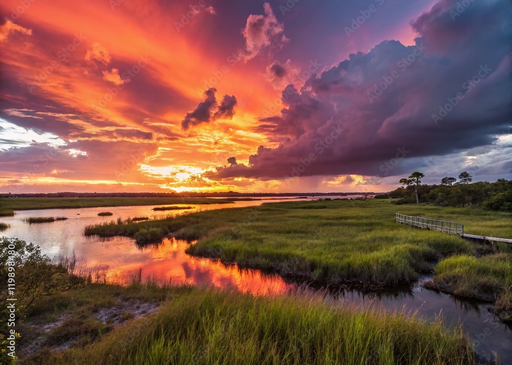 Miniature Sunset Marsh: Colorful Sky Reflection in Tilt-Shift Photography Miniature Sunset Marsh: Colorful Sky Reflection in Tilt-Shift Photography