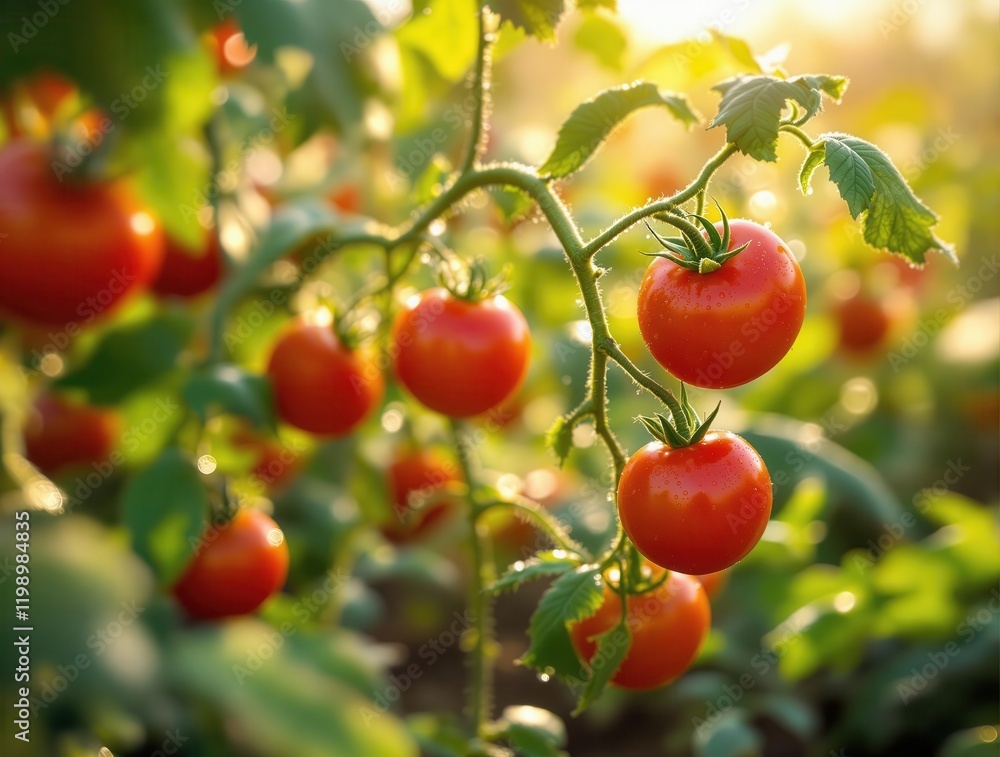Ripe red tomatoes on vine in sunlit garden setting Ripe red tomatoes on vine in sunlit garden setting