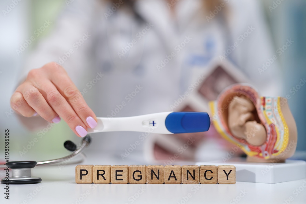 A pregnancy test that comes along with various medical tools illustrating important pregnancyrelated information