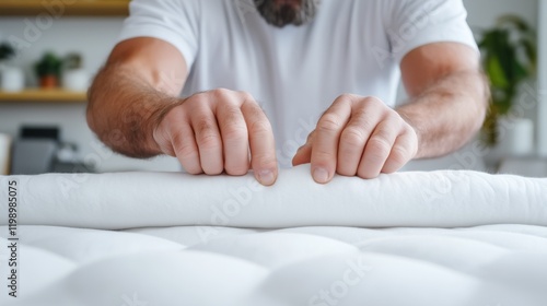 A person dressed in a casual white shirt is pressing down on a comfortable, white mattress in a well-lit bedroom, ensuring it is properly arranged for restful sleep photo