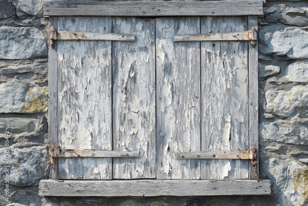 Weathered wooden shutters against a rustic stone wall in a serene countryside setting Weathered wooden shutters against a rustic stone wall in a serene countryside setting