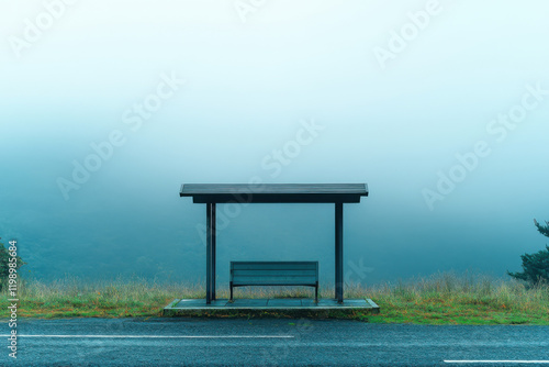 Lonely bus stop shrouded in fog offers a serene escape in a tranquil meadow at dawn