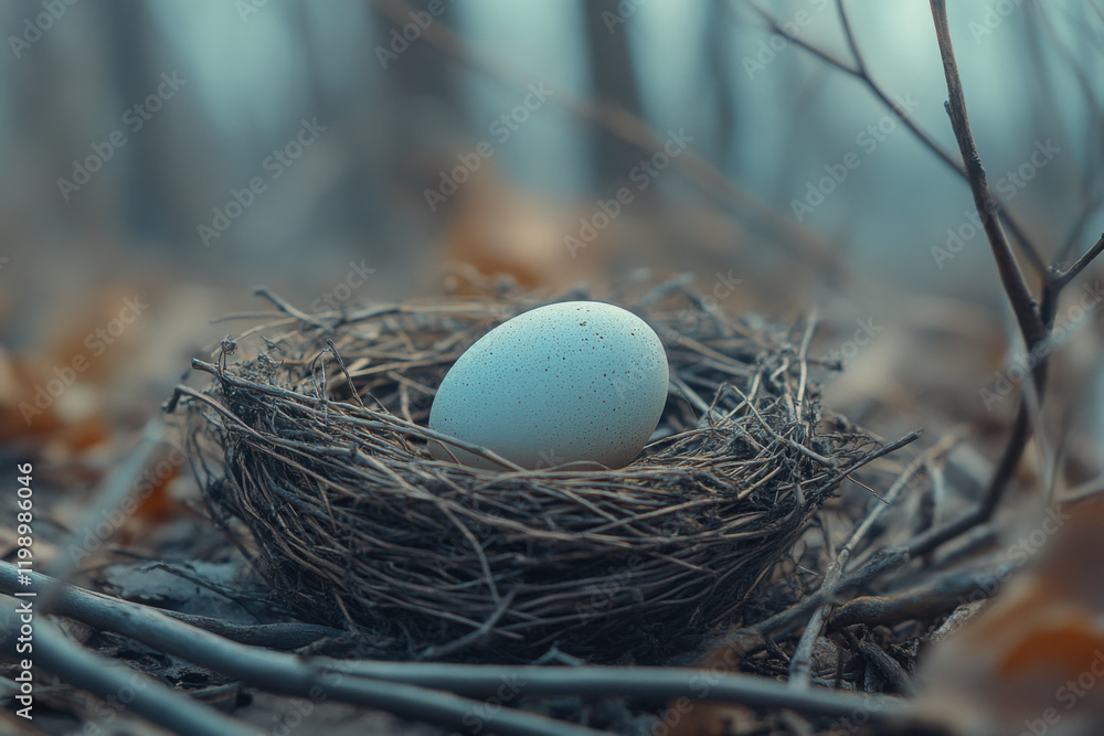 A delicate white egg nestled quietly in a rustic bird's nest surrounded by twigs and autumn leaves A delicate white egg nestled quietly in a rustic bird's nest surrounded by twigs and autumn leaves