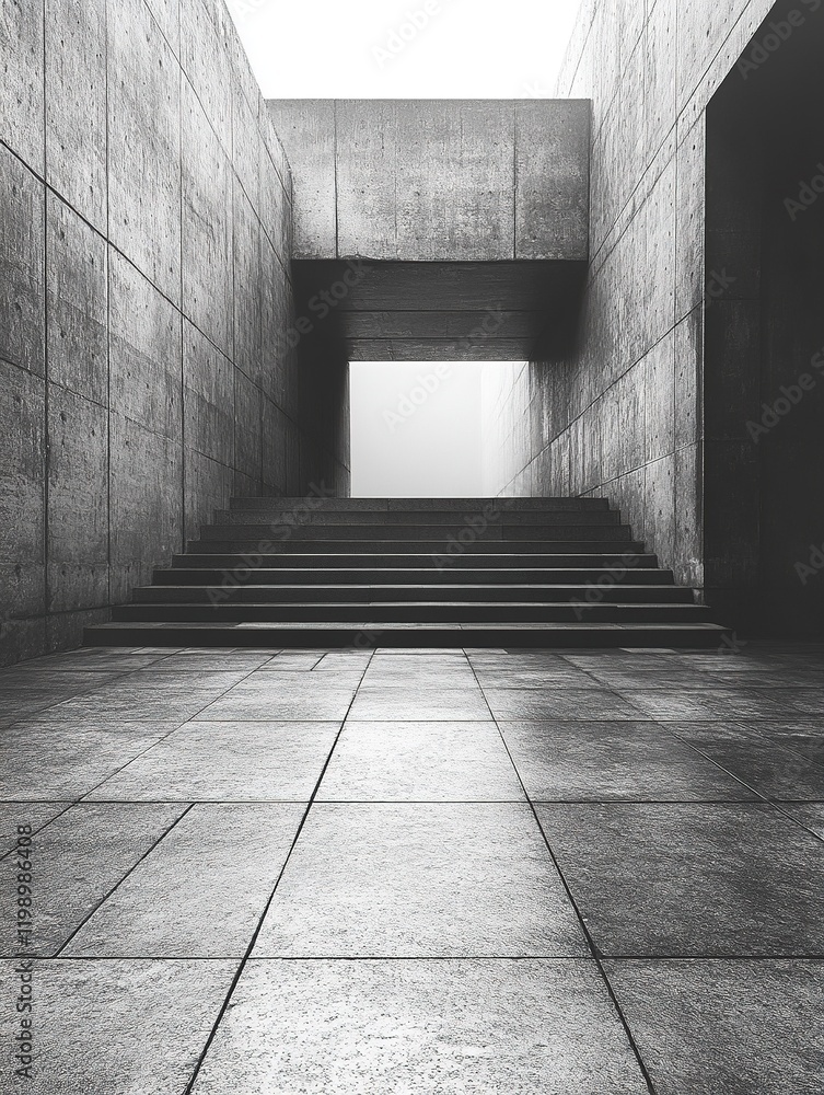 Concrete stairs, hallway, foggy exit, minimalist architecture Concrete stairs, hallway, foggy exit, minimalist architecture