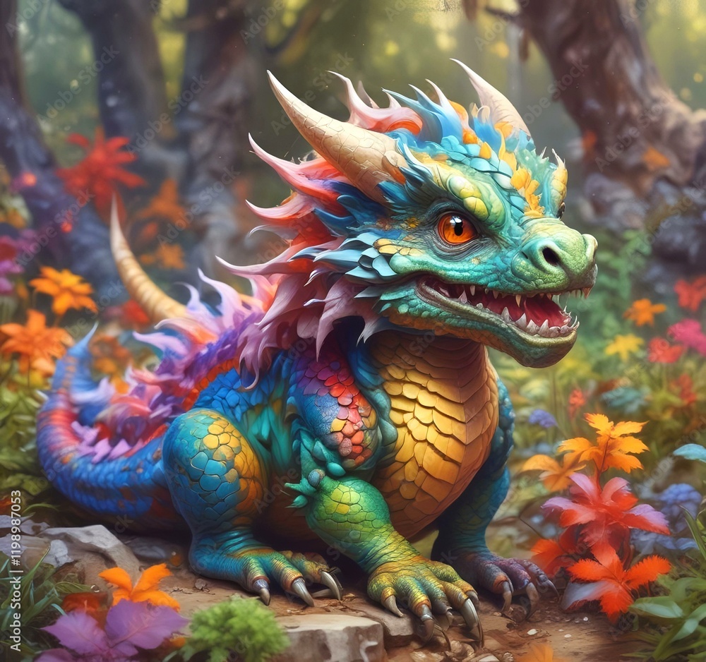 Obraz premium Illustration of fluffy tiny dragon baby.