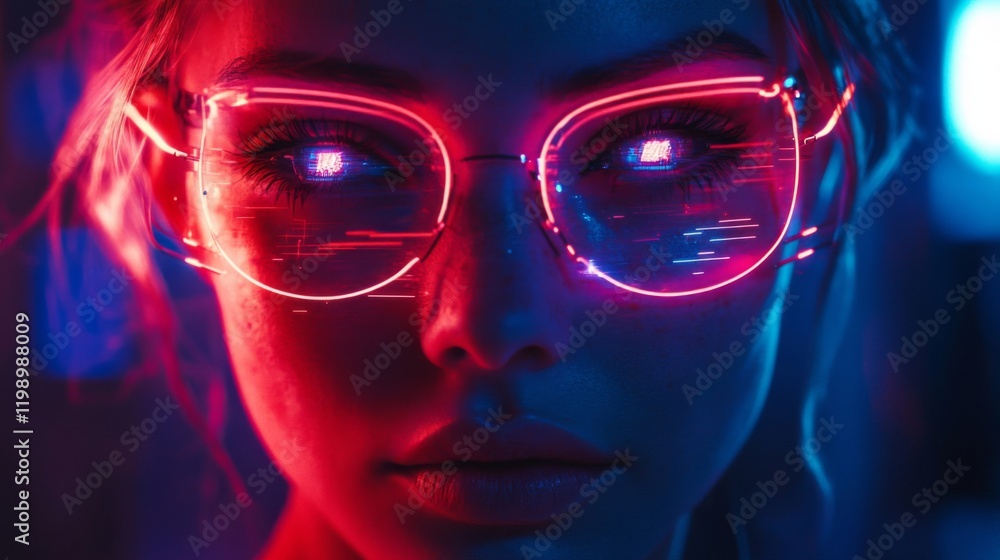 Close-up portrait of a woman with glowing neon glasses, cyberpunk style Close-up portrait of a woman with glowing neon glasses, cyberpunk style