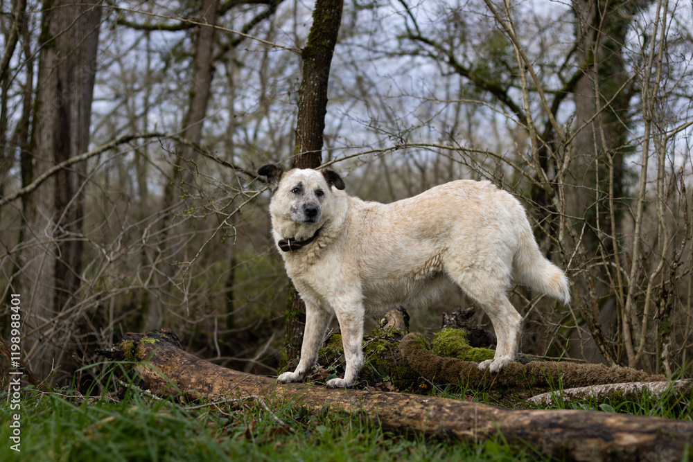 White dog standing on the fallen tree in the forest White dog standing on the fallen tree in the forest