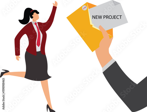 Get new project from email with businesswoman jumping happily next to email envelope notifying new job, job offer or new opportunity from email concept, human resources, vacancy or hiring