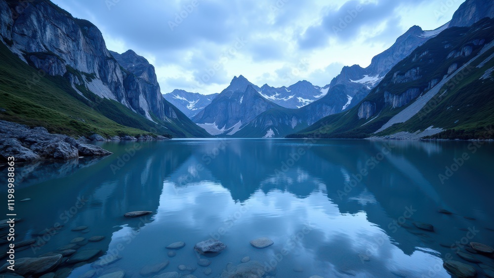 Dramatic mountain lake vista with deep teal waters reflecting towering peaks and azure skies. Jagged rocks hug the mist-kissed shoreline, inviting tranquility Dramatic mountain lake vista with deep teal waters reflecting towering peaks and azure skies. Jagged rocks hug the mist-kissed shoreline, inviting tranquility