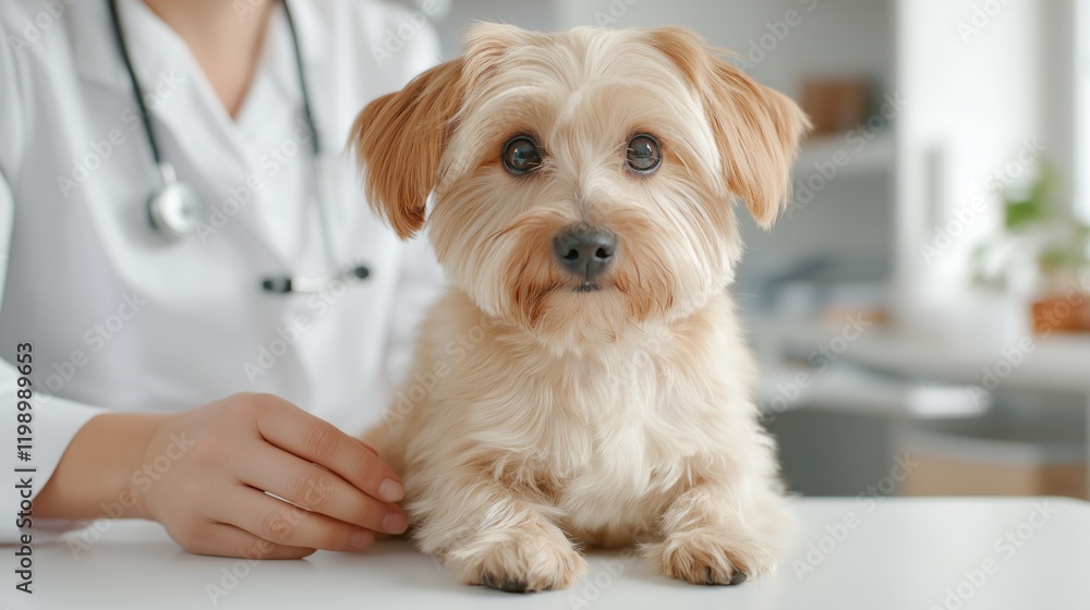 small brown dog sits calmly on a table while a veterinarian gently examines it. clinic is bright and well-equipped, indicating a caring atmosphere for pet care small brown dog sits calmly on a table while a veterinarian gently examines it. clinic is bright and well-equipped, indicating a caring atmosphere for pet care