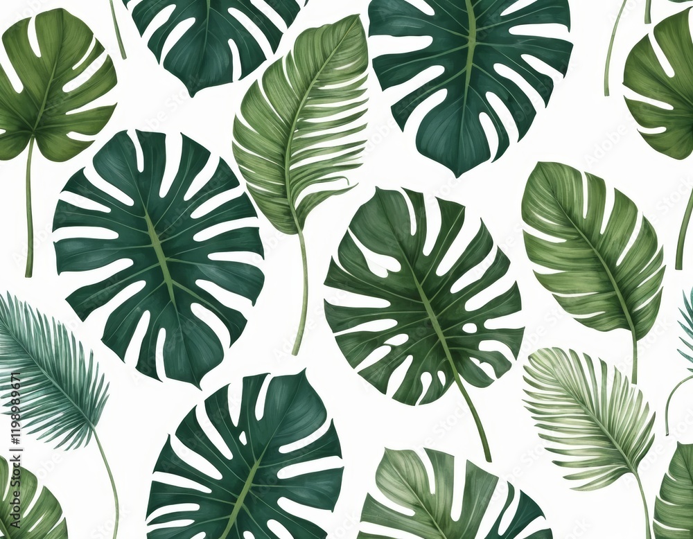 Fototapeta premium Tropical Leaves Seamless Pattern, Watercolor Monstera and Palm Leaves