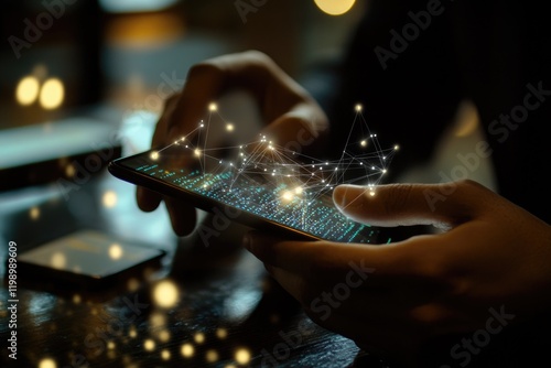 A person holds a smartphone displaying a multitude of network signals and connections