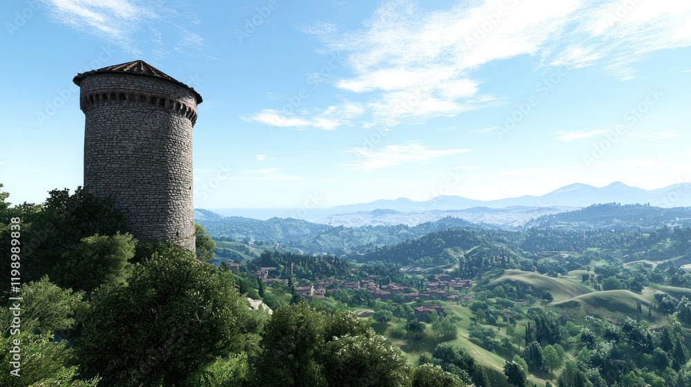 Scenic view of a tower overlooking a lush landscape. Scenic view of a tower overlooking a lush landscape.