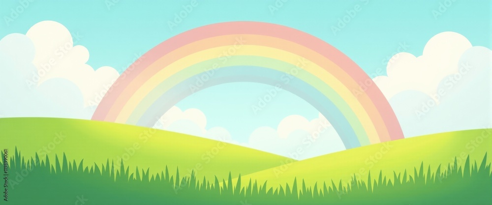 Obraz premium Vibrant rainbow arc over lush green hills under bright blue sky with clouds