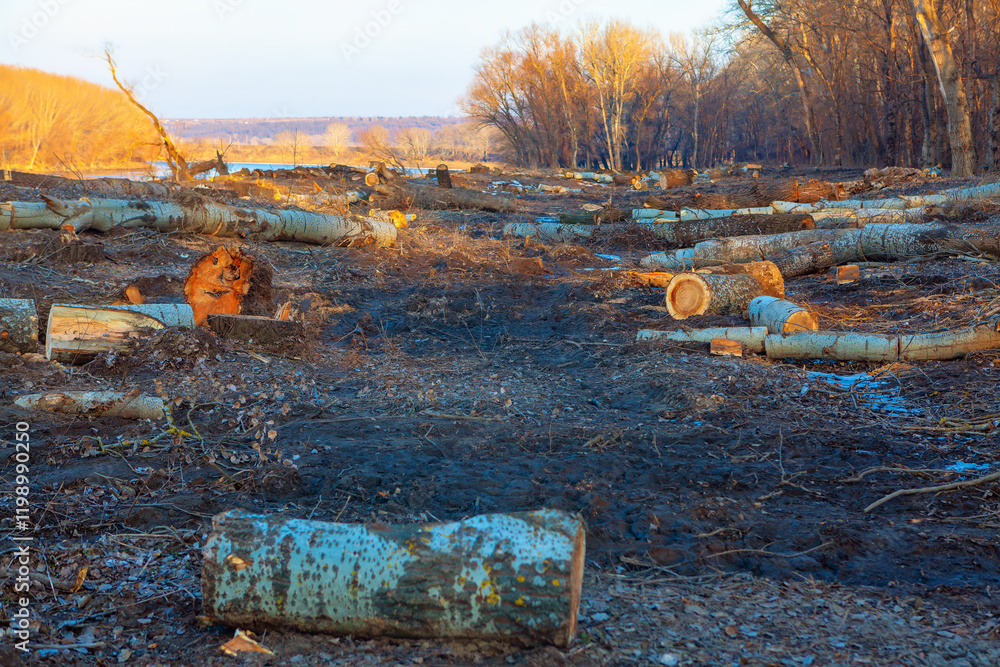 Deforested area with felled tree trunks scattered across the ground, showing clear signs of logging activity. Leafless trees line the edges, and the horizon reveals open, barren land