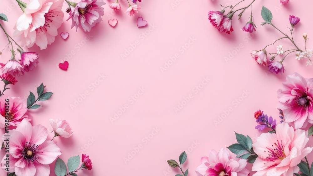A delicate blue envelope surrounded by blooming pink flowers and scattered hearts, set against a soft pink background, with ample space for overlay text A delicate blue envelope surrounded by blooming pink flowers and scattered hearts, set against a soft pink background, with ample space for overlay text