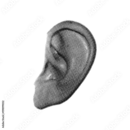 Human ear in halftone style,retro college halftone ear