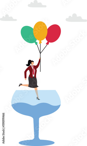 Businesswoman fly using balloon to gets out of fish aquarium prison illustration, creative ideas to get out of business problems, solution or procedure to solve problem