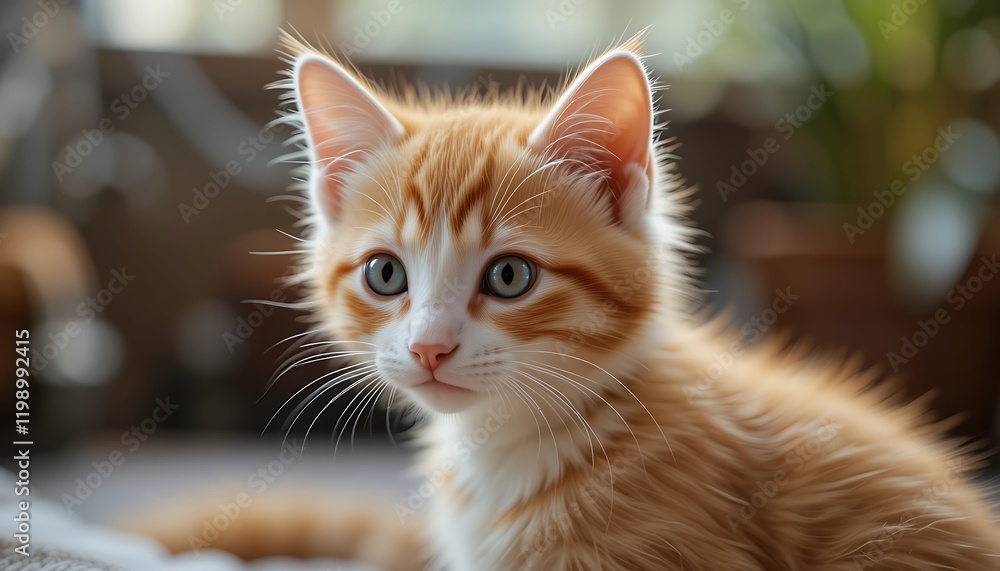 Adorable ginger kitten with striking green eyes, fluffy fur, and white chest, sitting indoors Adorable ginger kitten with striking green eyes, fluffy fur, and white chest, sitting indoors