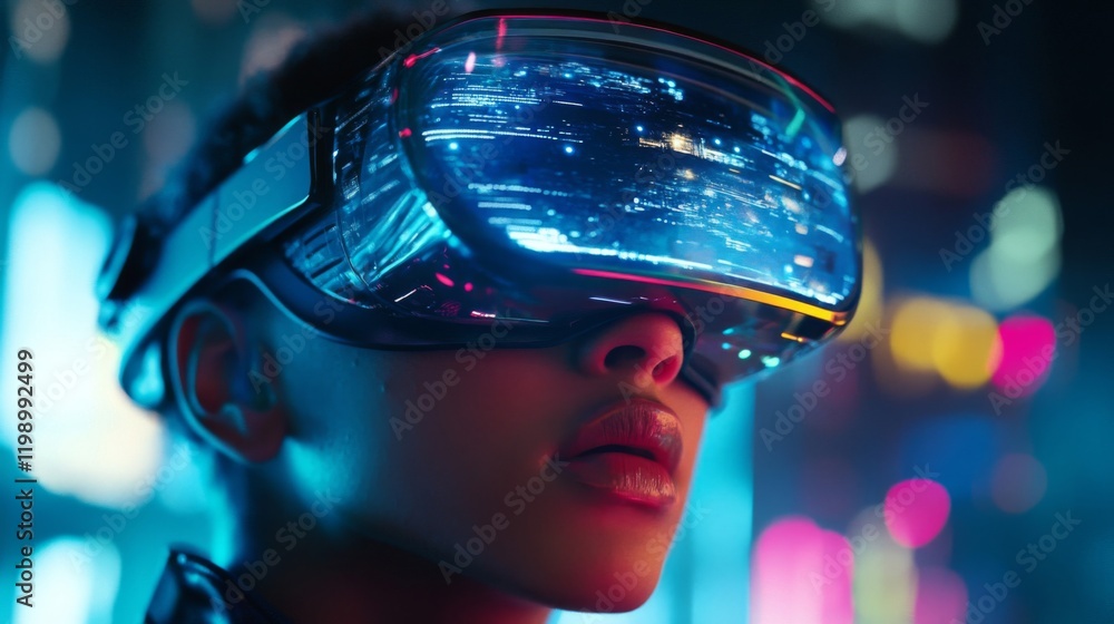 Person wearing virtual reality headset, experiencing immersive digital world at night Person wearing virtual reality headset, experiencing immersive digital world at night