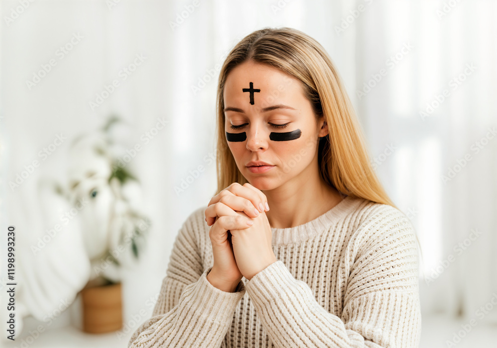 Young Caucasian woman praying with black cross on forehead and marks under eyes Young Caucasian woman praying with black cross on forehead and marks under eyes