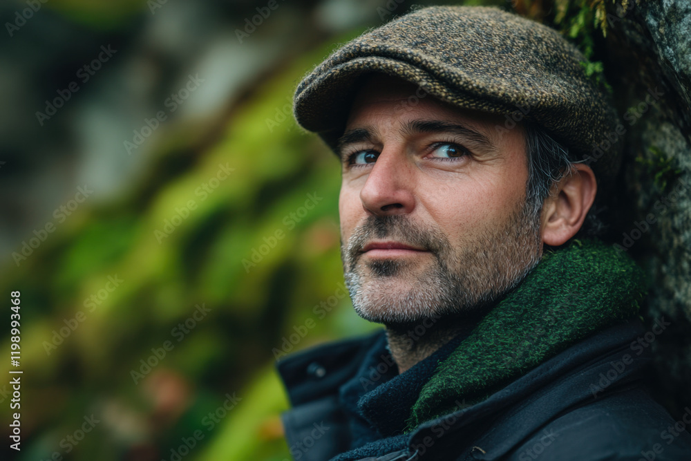 Man in a flat cap gazes thoughtfully amid vibrant green moss in a serene outdoor setting during the early morning light Man in a flat cap gazes thoughtfully amid vibrant green moss in a serene outdoor setting during the early morning light