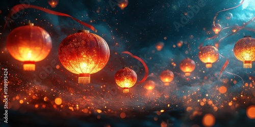 Enchanted Night: Red Lanterns Dance in Mystical Glow