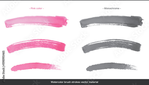 水彩のブラシストローク素材セット、ピンクとモノクロ
