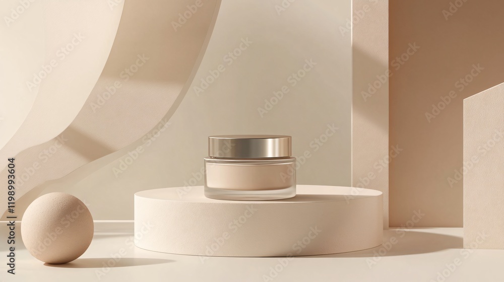 A minimalist setting of a face cream jar with a metallic lid, surrounded by geometric shapes in muted tones A minimalist setting of a face cream jar with a metallic lid, surrounded by geometric shapes in muted tones
