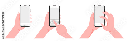 Smartphone Hand and Finger Mockup - Scrolling and Typing on Blank Screen with Keyboard in Mobile Browser. Vector.