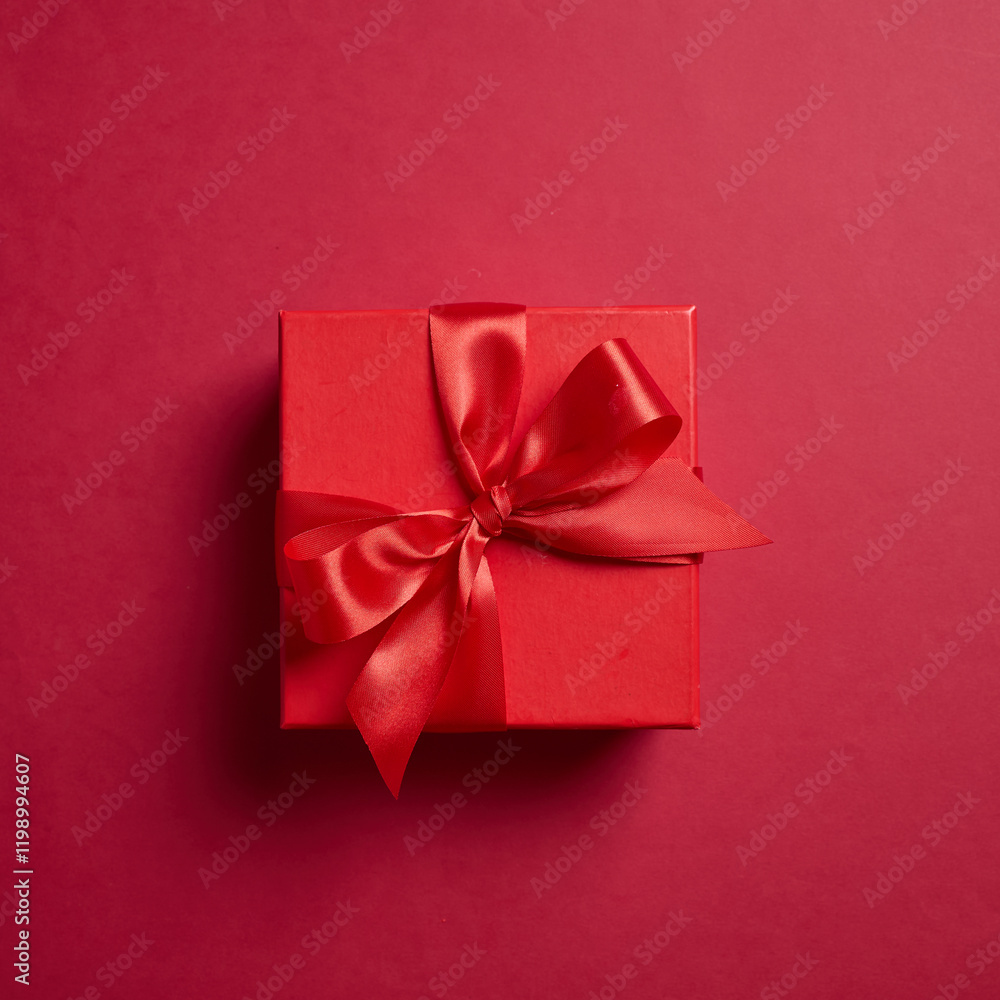 Red gift box with a red bow on a red background, element for design with copy space for text or image Red gift box with a red bow on a red background, element for design with copy space for text or image