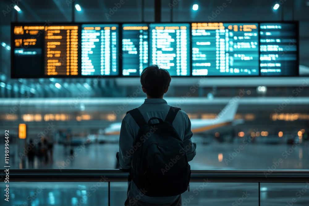 custom made wallpaper toronto digitalTraveler with backpack standing in airport terminal and looking at information board, checking flight schedule and gate information