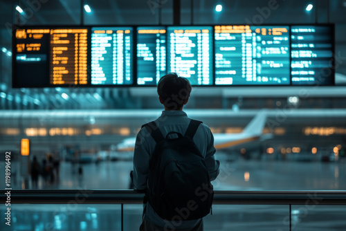 Traveler with backpack standing in airport terminal and looking at information board, checking flight schedule and gate information photo