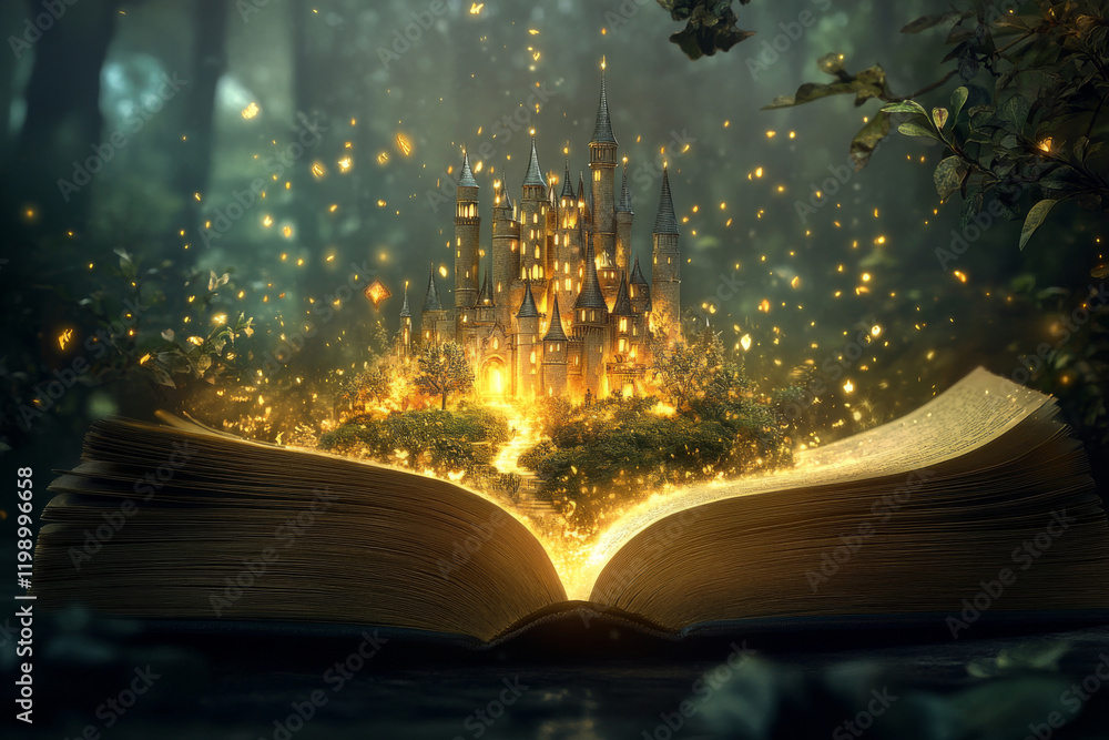Obraz premium Open book with glowing fairytale castle and sparkling magic lights in fantasy forest at night over pages. Concept of fantasy and imagination