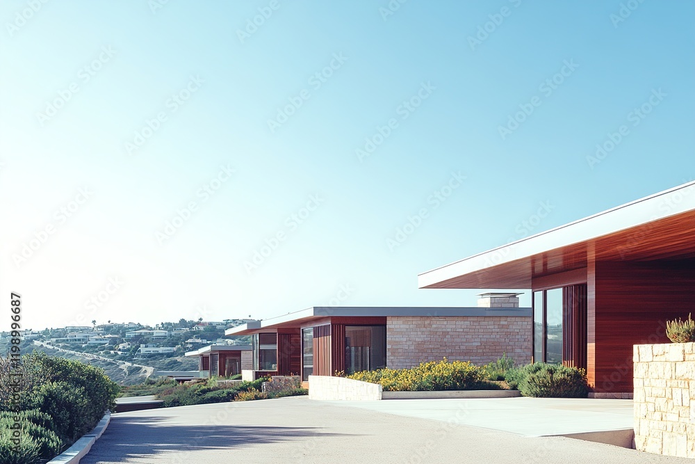 Obraz premium A row of modern houses features sleek designs and soft shadows, positioned in a peaceful area under a bright blue sky, ideal for real estate presentation and marketing