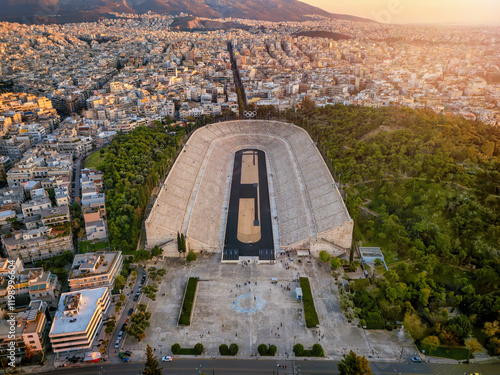 Aerial view of the the historic Panathenaic Stadium during sunset time in Athens, Greece